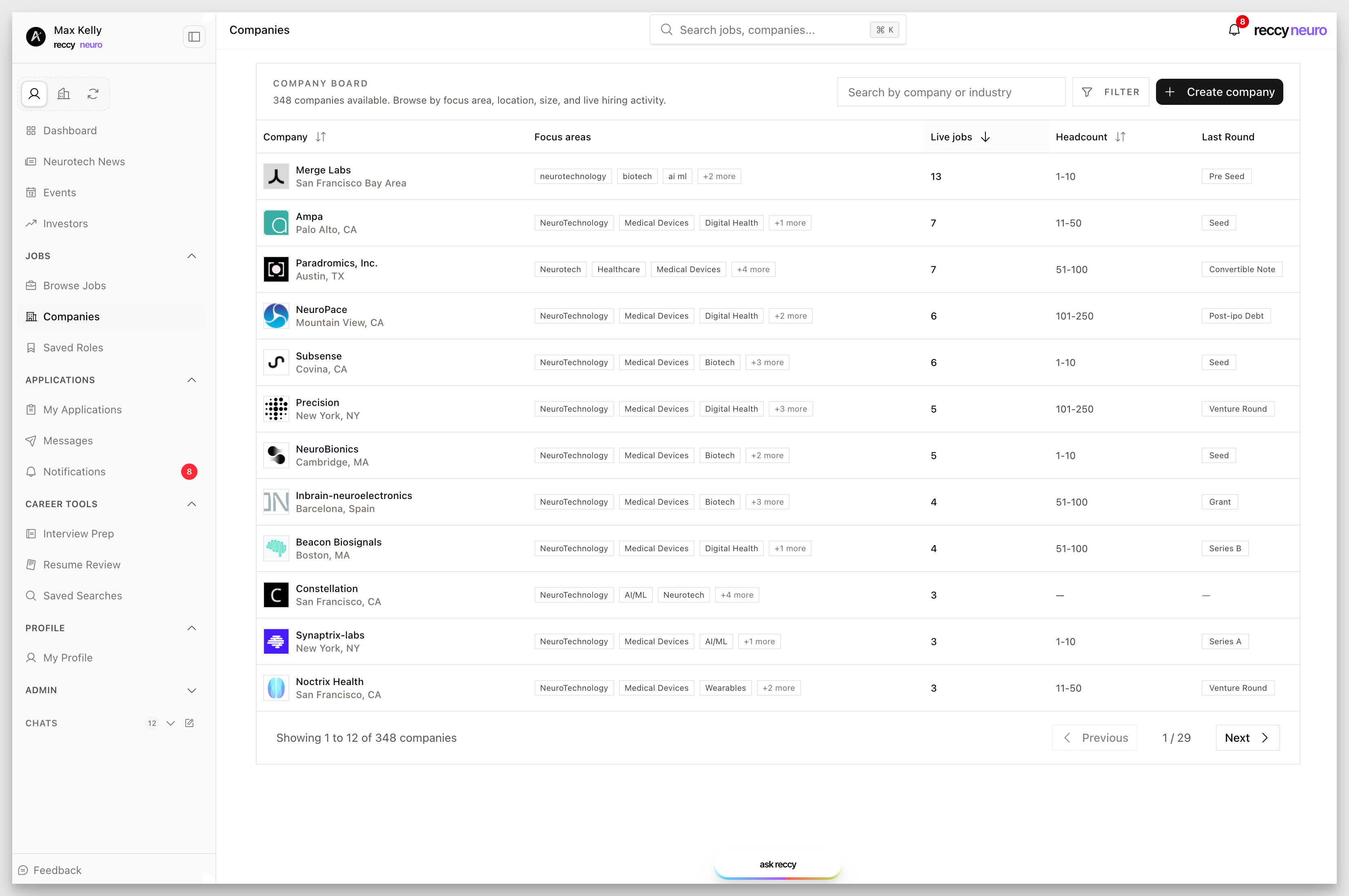 reccy neuro company database showing neurotech companies with focus areas, live jobs, headcount, and last funding round